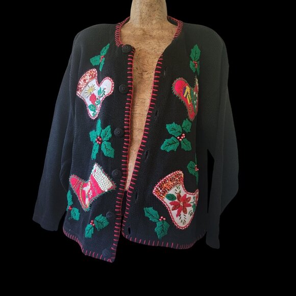 Vintage Christmas Cardigan Sweater With Embroidered Stockings & Holly - Picture 2 of 16